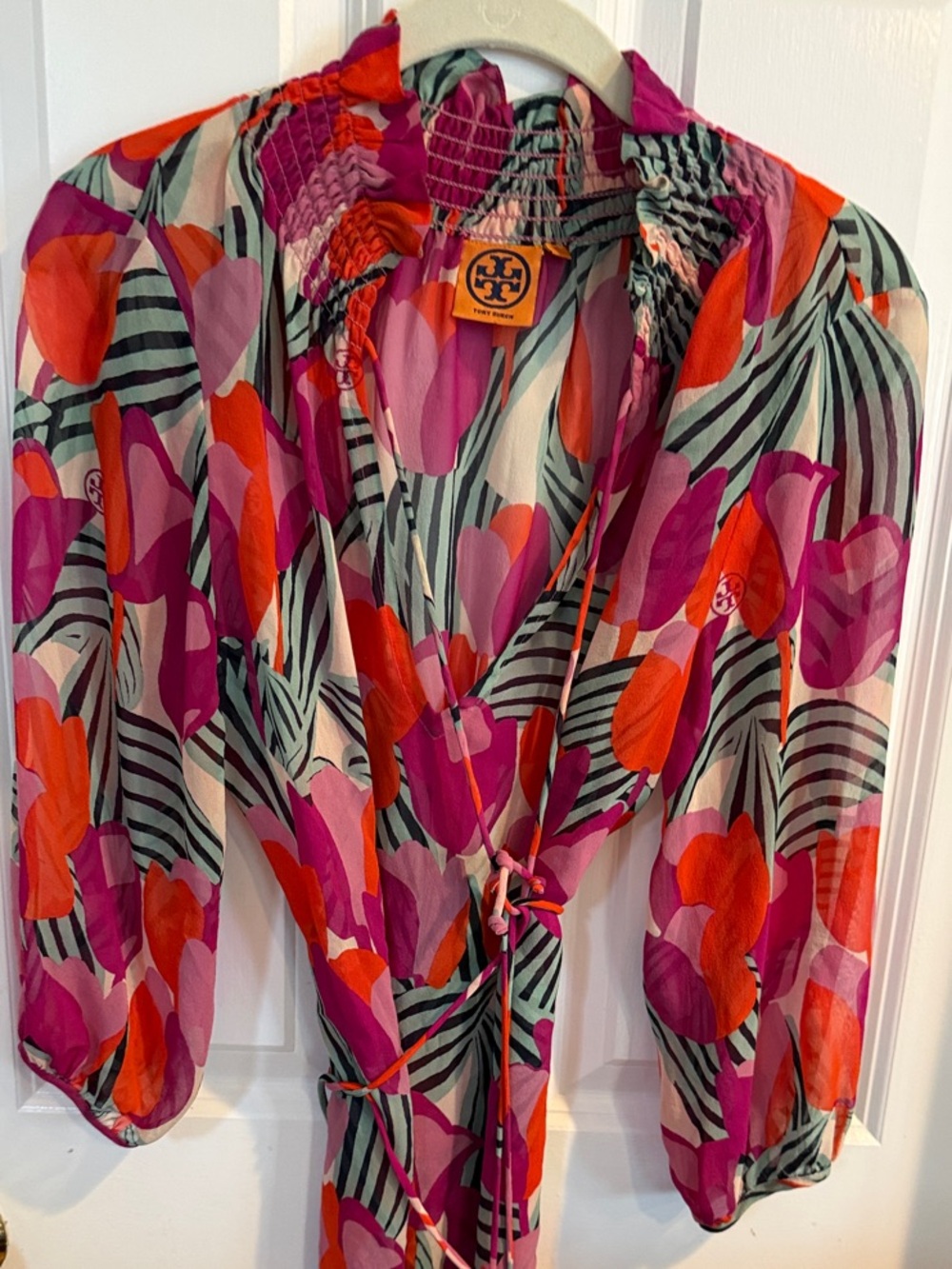 Tory Burch Vibrant Floral Silk Wrap Top in Fuchsia, Orange & Pink